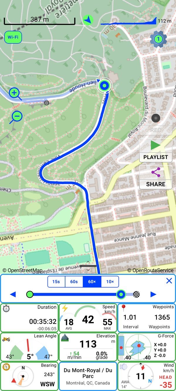 A real ride on the PathXplorer live map — track, elevation trace and dashboard tiles