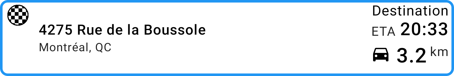 The full-width Destination tile: address, remaining distance, travel mode and arrival time