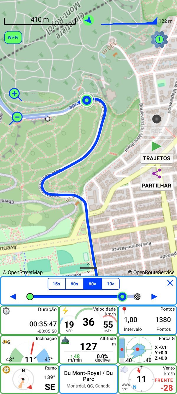 Um passeio real no mapa ao vivo do PathXplorer — trajeto, traço de altitude e painéis do painel de instrumentos