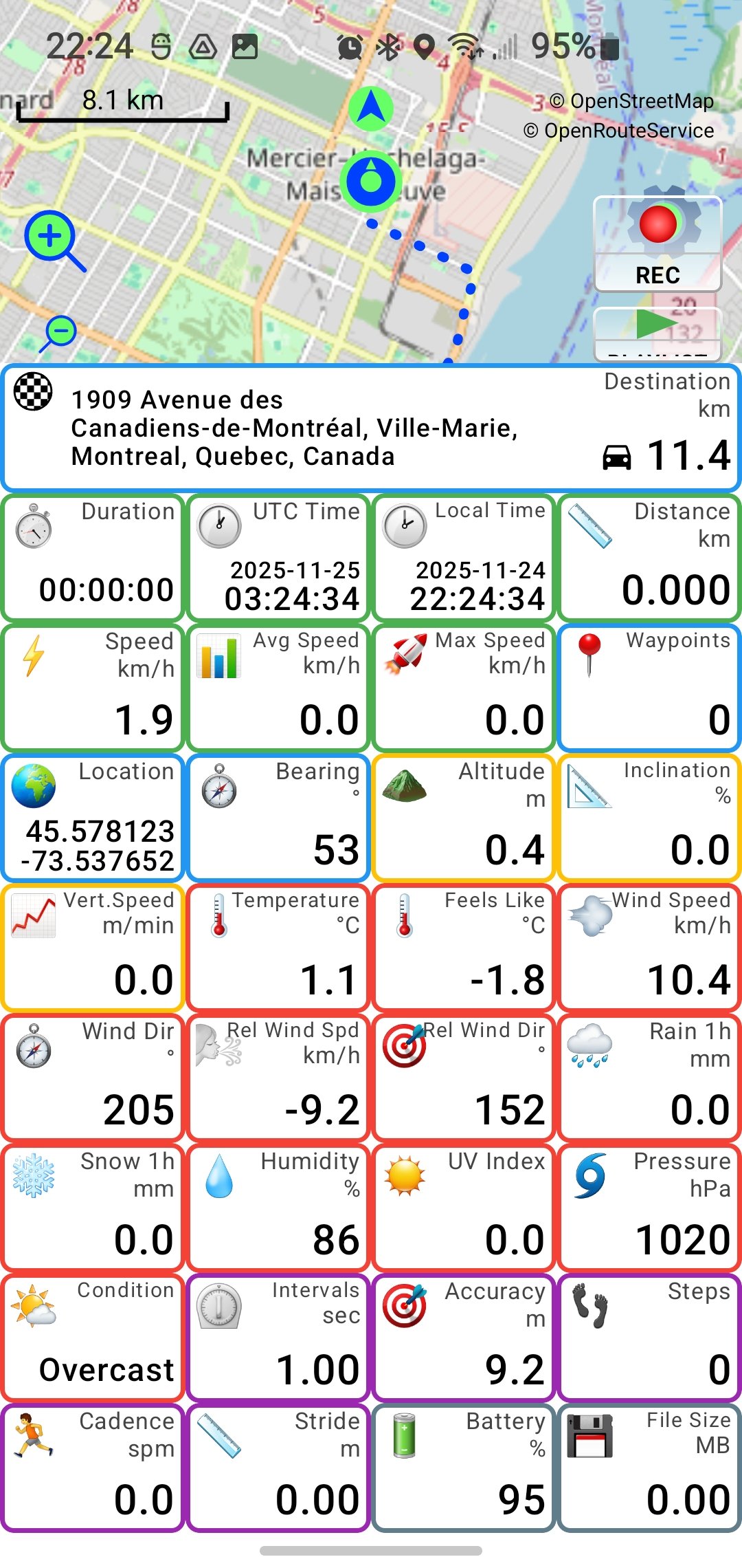Full dashboard with destination address and weather tiles